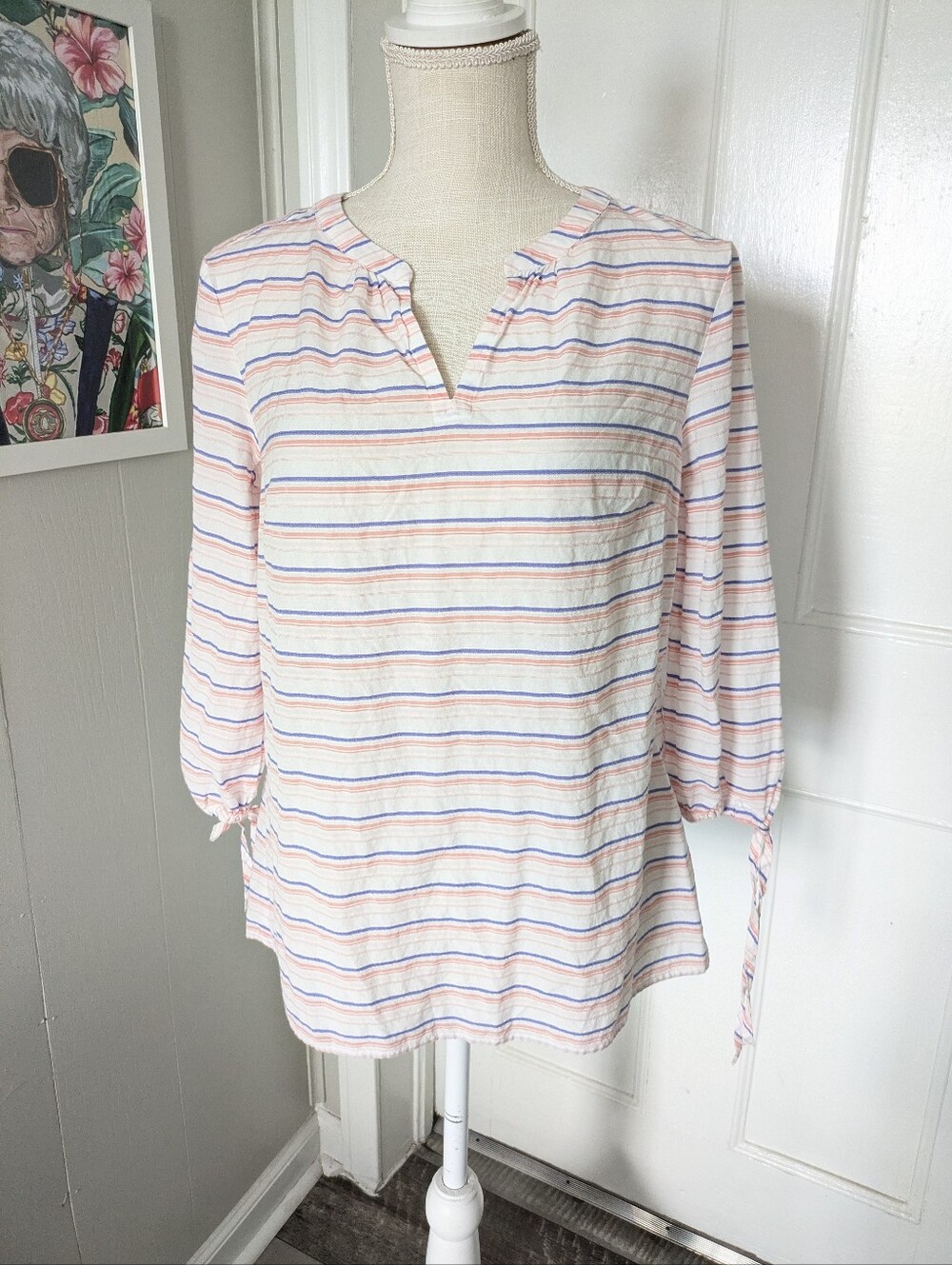 Talbots Shirt Womens Small Popover 3/4 Sleeve White Pink Blue Striped Split Neck